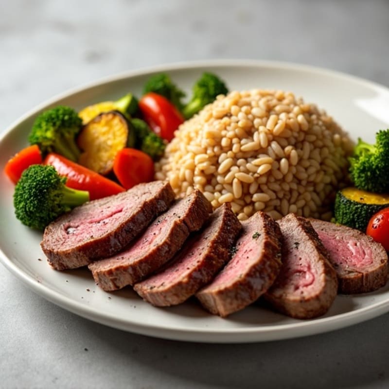 Seared Beef with Crispy Roasted Vegetables and Brown Rice