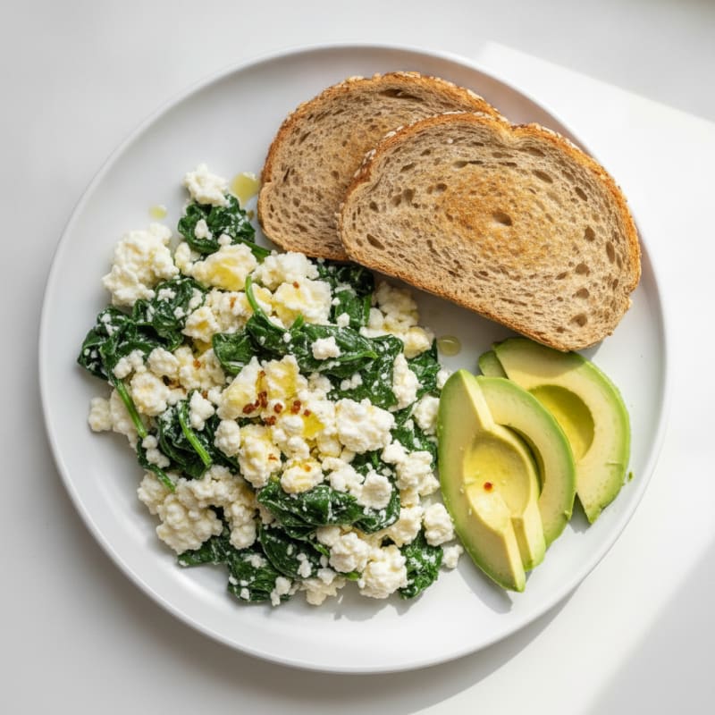 Cottage Cheese Egg White Scramble with Sautéed Spinach