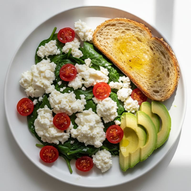 Egg White and Spinach Scramble with Cottage Cheese and Cherry Tomatoes