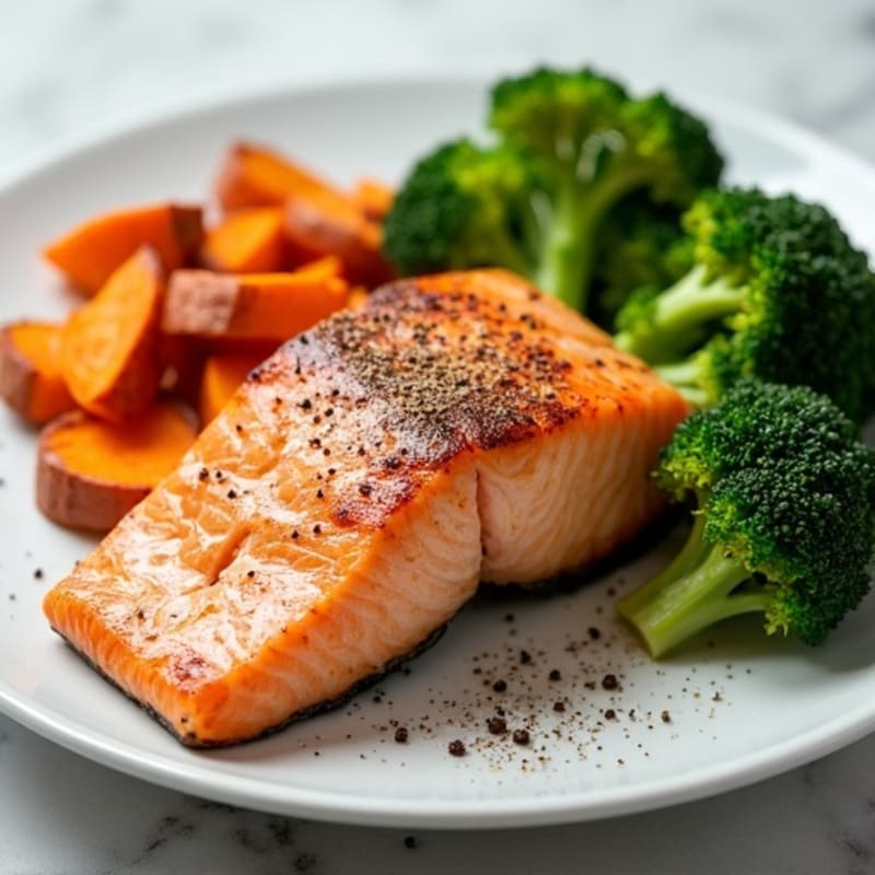 Seared Salmon Fillet with Roasted Sweet Potato and Steamed Broccoli