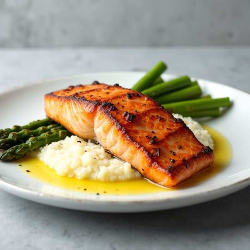 Seared Salmon Fillet with Roasted Asparagus and Cauliflower Mash
