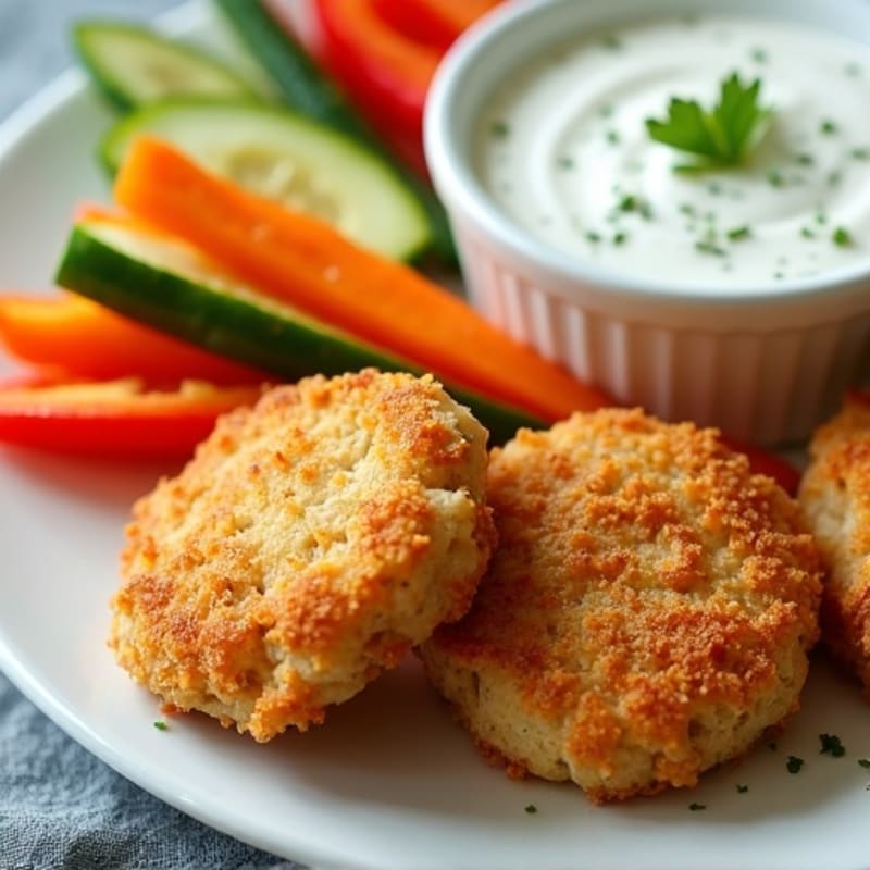 Crispy Chicken Bites with Fresh Veggie Sticks and Creamy Herb Dip