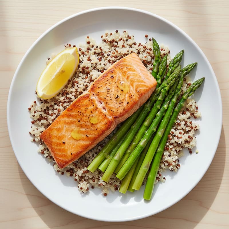 Seared Salmon with Steamed Asparagus and Lemon