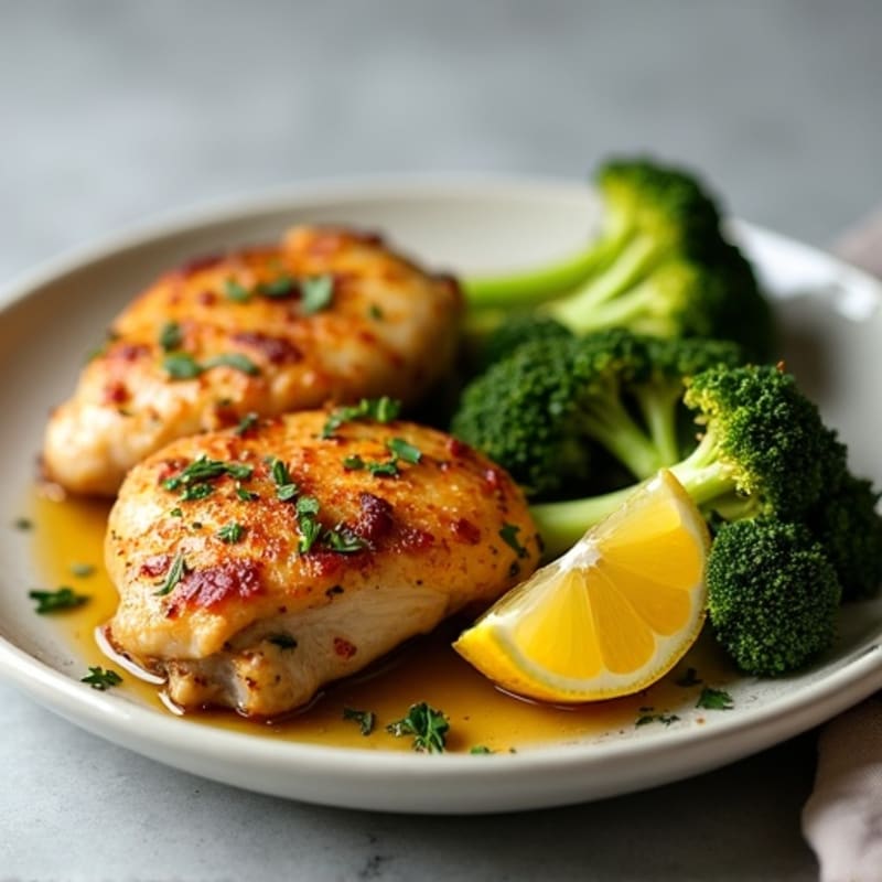 Crispy Lemon Herb Roasted Chicken Thighs with Roasted Broccoli