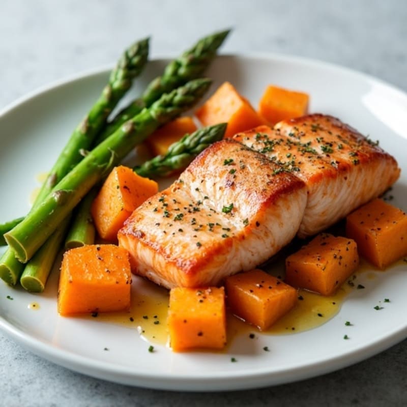 Seared Salmon Fillet with Roasted Sweet Potato and Asparagus