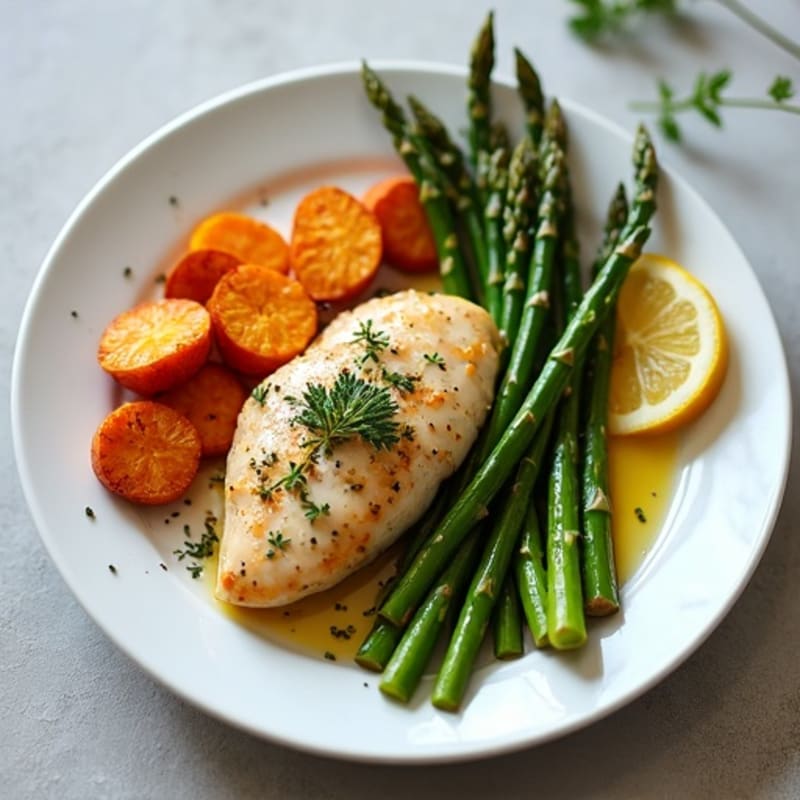 Lemon-Herb Pan-Seared Chicken with Roasted Asparagus and Sweet Potatoes
