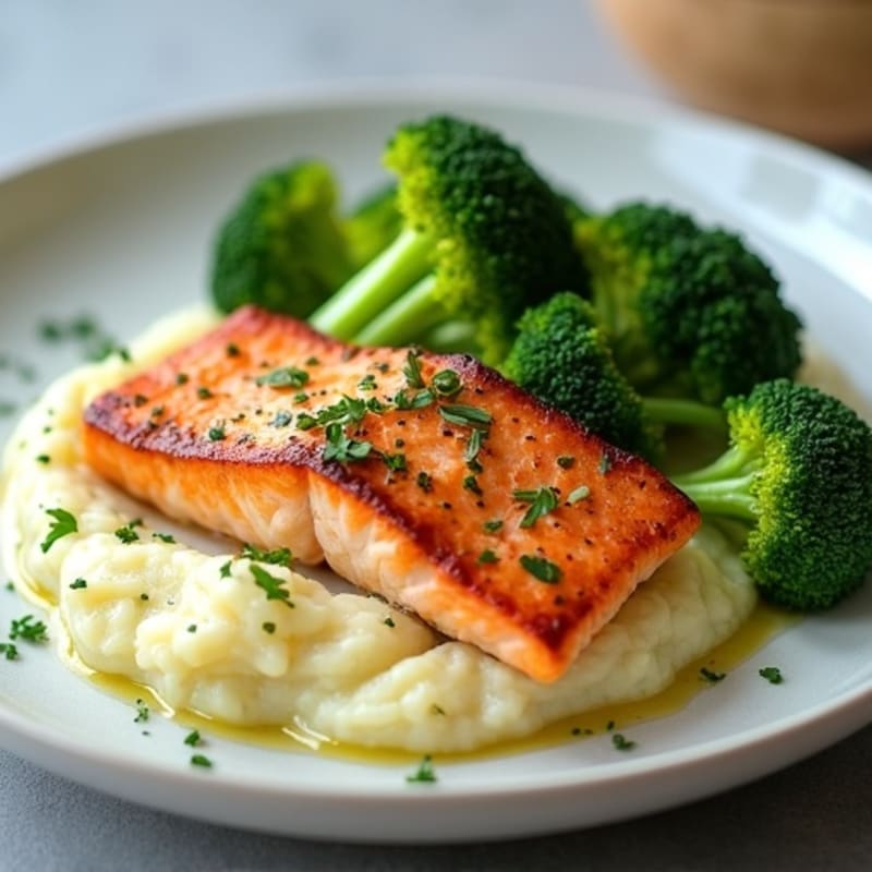 Seared Salmon Fillet with Herb Potato Mash and Steamed Broccoli