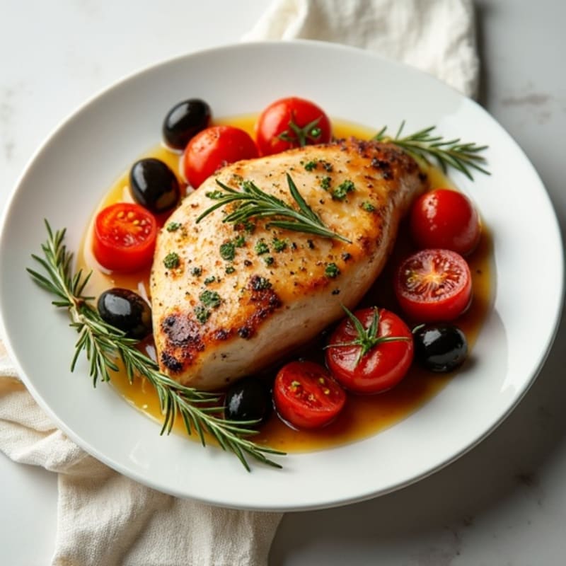 Herb-Roasted Chicken with Burst Tomatoes and Briny Olives