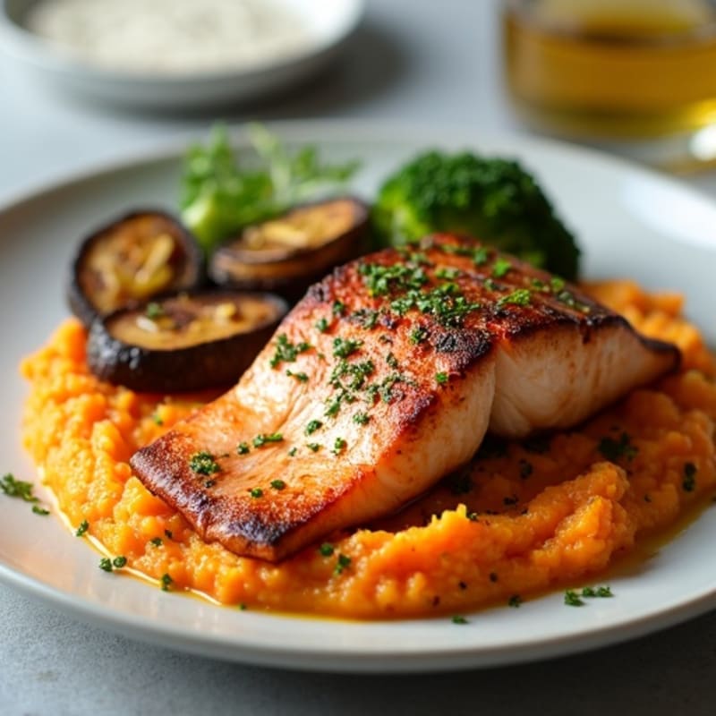 Pan-Seared Salmon with Roasted Aubergine and Garlic Sweet Potato Mash