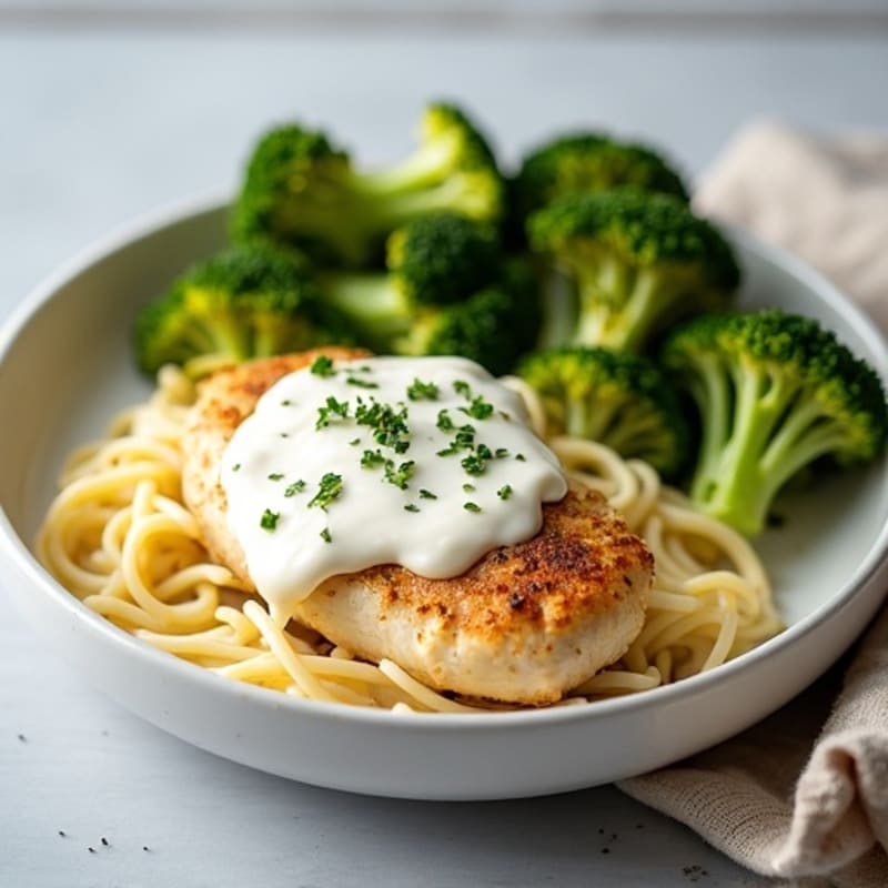 Healthy Creamy Chicken Alfredo with Roasted Broccoli