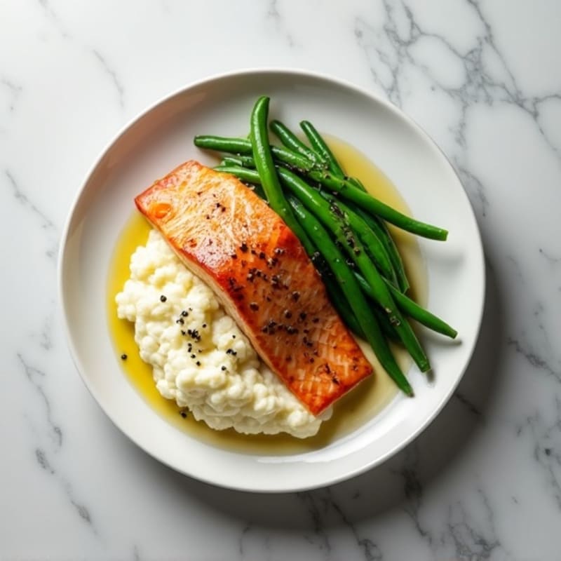 Seared Salmon Fillet with Garlic Green Beans and Cauliflower Mash