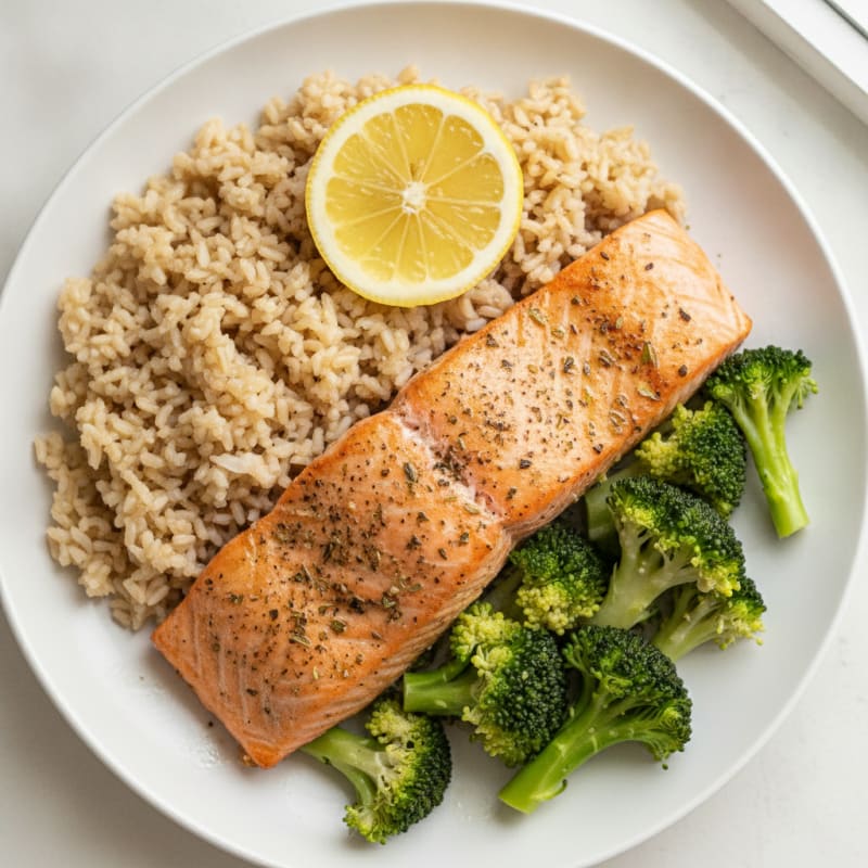 Herb-Roasted Salmon with Steamed Broccoli and Brown Rice