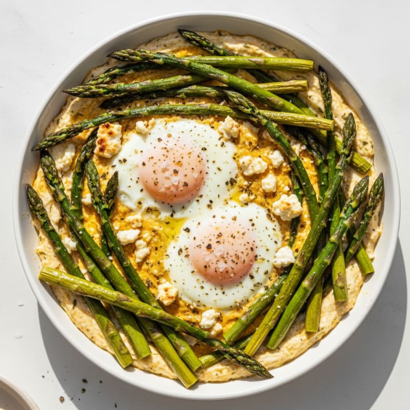 Golden Herb-Baked Eggs with Roasted Asparagus