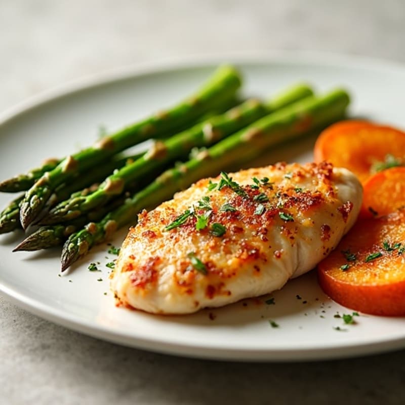 Crispy Lemon Herb Chicken with Roasted Asparagus and Sweet Potato