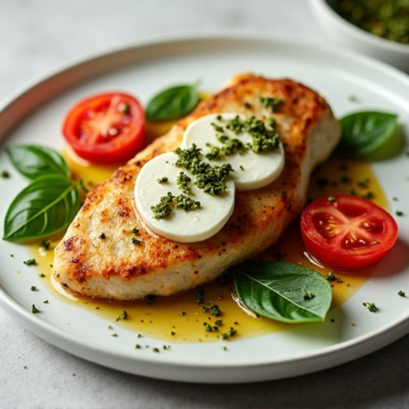 Juicy Pan-Seared Chicken with Fresh Tomato, Creamy Mozzarella, and Zesty Basil Pesto