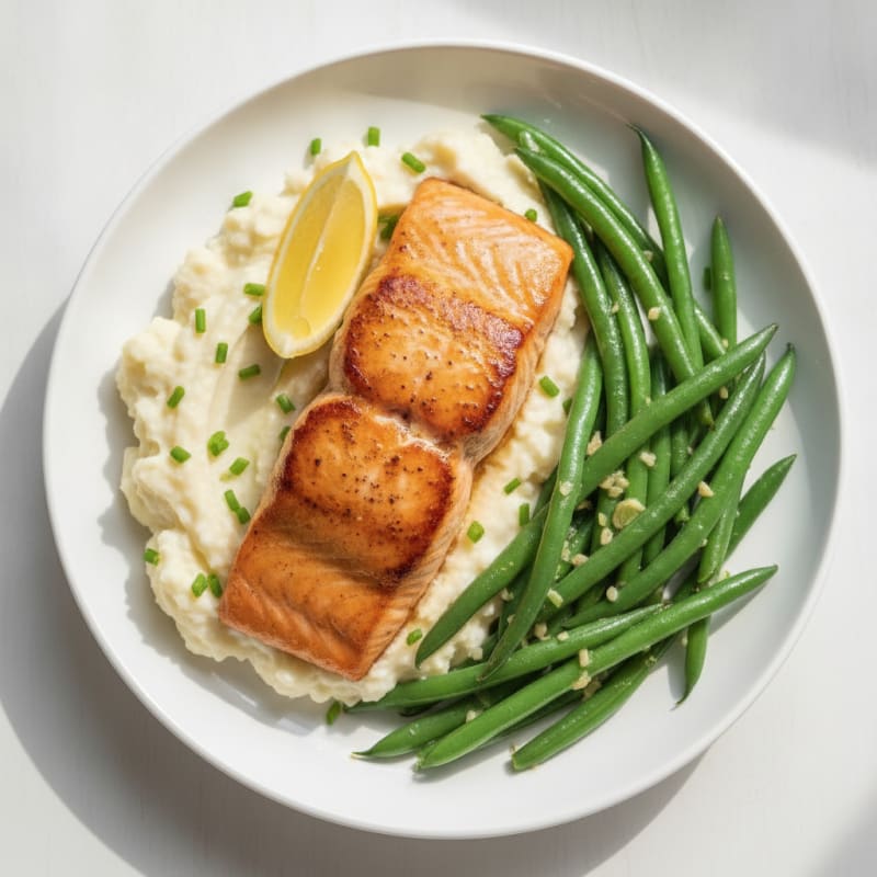 Seared Salmon Fillet with Steamed Green Beans and Garlic Mashed Cauliflower