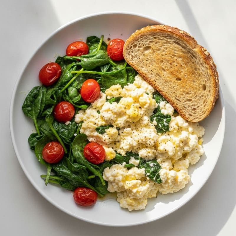 Cottage Cheese Scramble with Sautéed Spinach and Cherry Tomatoes