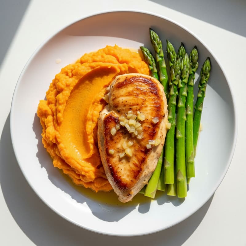 Seared Lemon Garlic Chicken with Steamed Asparagus and Sweet Potato Mash