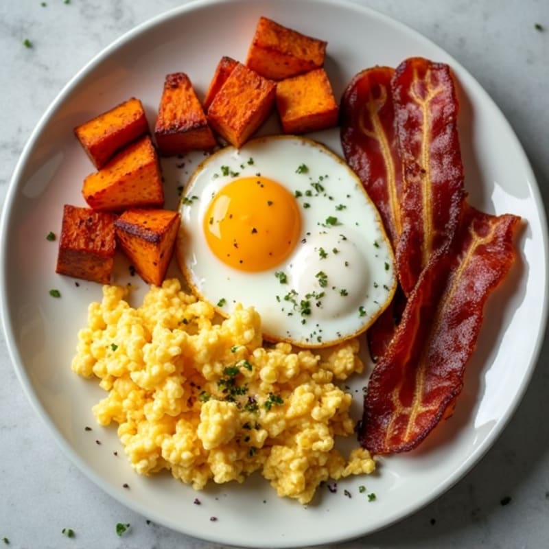 Sheet Pan Eggs and Crispy Turkey Bacon with Roasted Sweet Potatoes