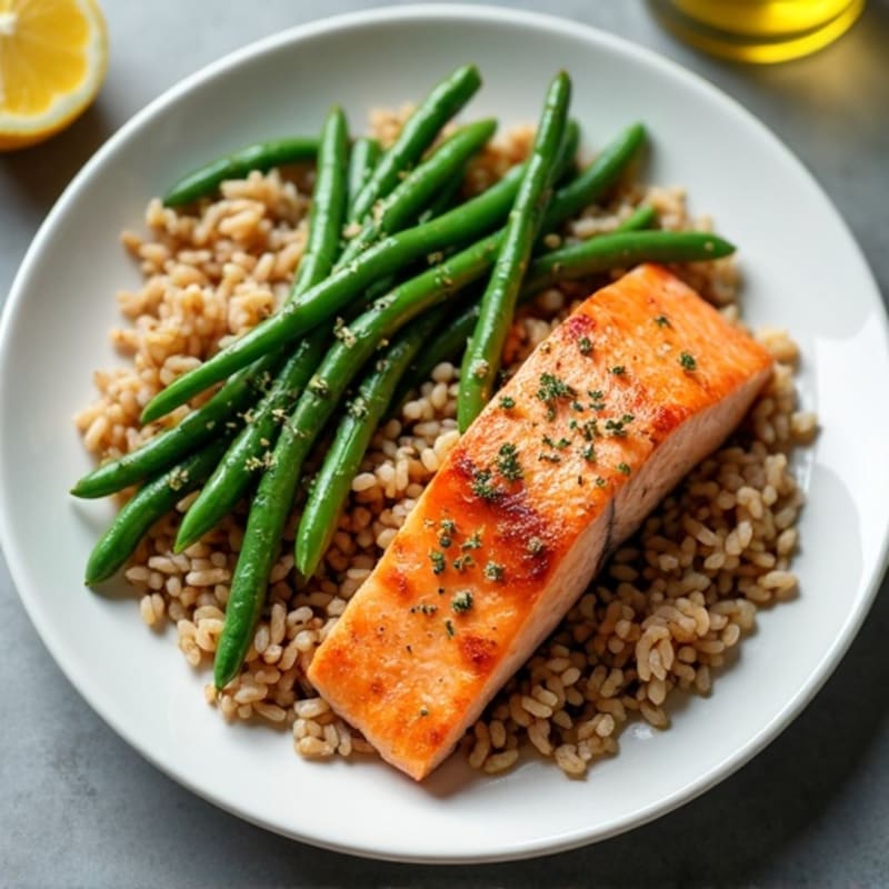 Seared Salmon with Garlic Green Beans and Brown Rice