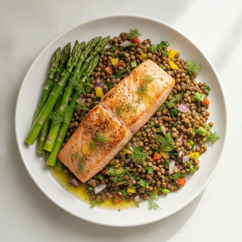 Seared Salmon with Lentil Salad and Steamed Asparagus