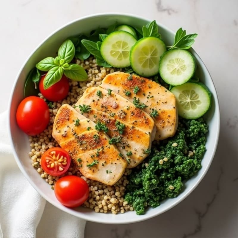 Herb-Marinated Chicken and Quinoa Bowl with Fresh Vegetables