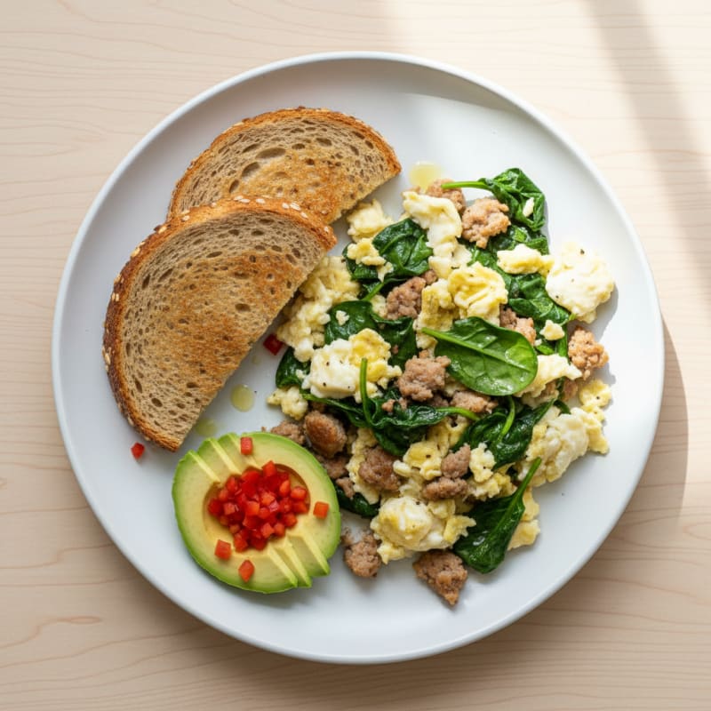 Egg White Spinach Scramble with Turkey Sausage