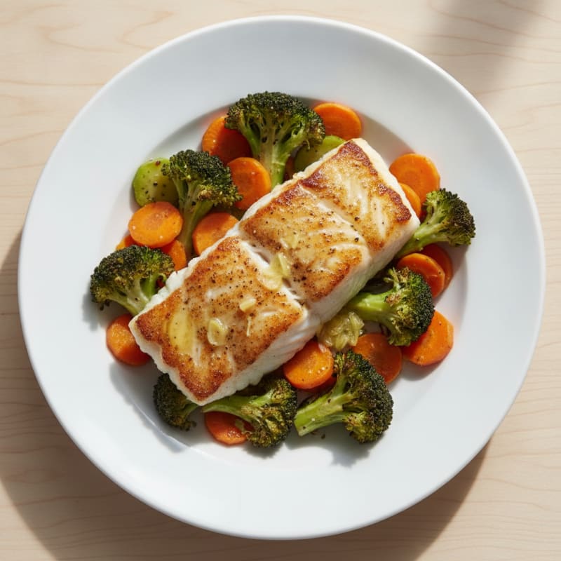 Pan-Seared White Fish with Roasted Broccoli and Carrots