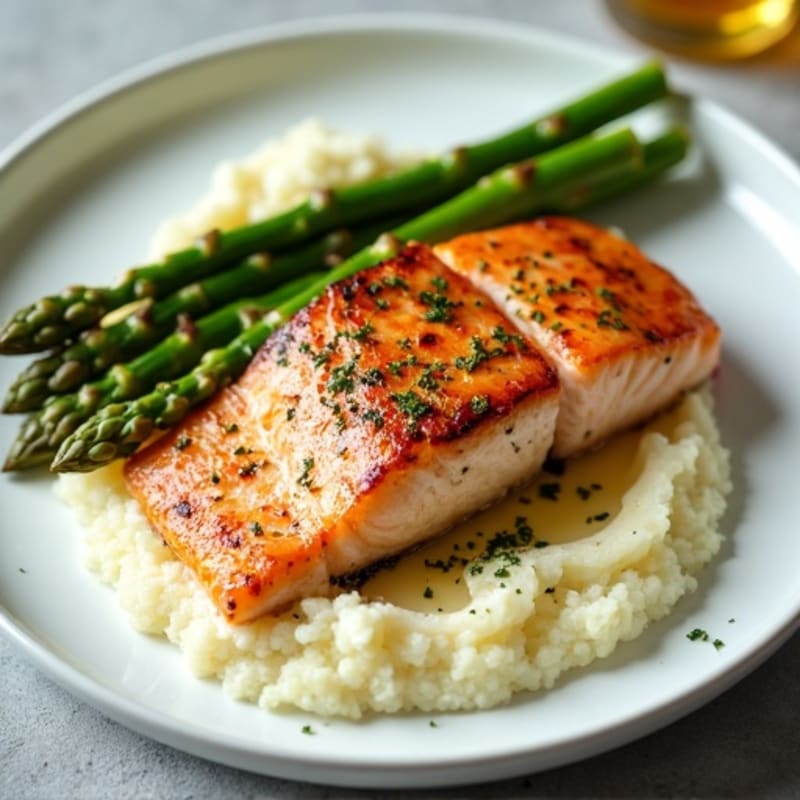 Seared Salmon with Steamed Asparagus and Cauliflower Mash
