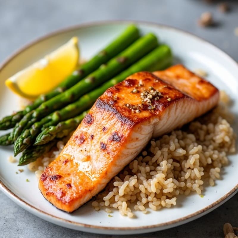 Seared Salmon Fillet with Steamed Asparagus and Brown Rice