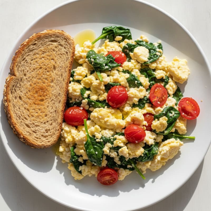Cottage Cheese Scramble with Spinach and Cherry Tomatoes