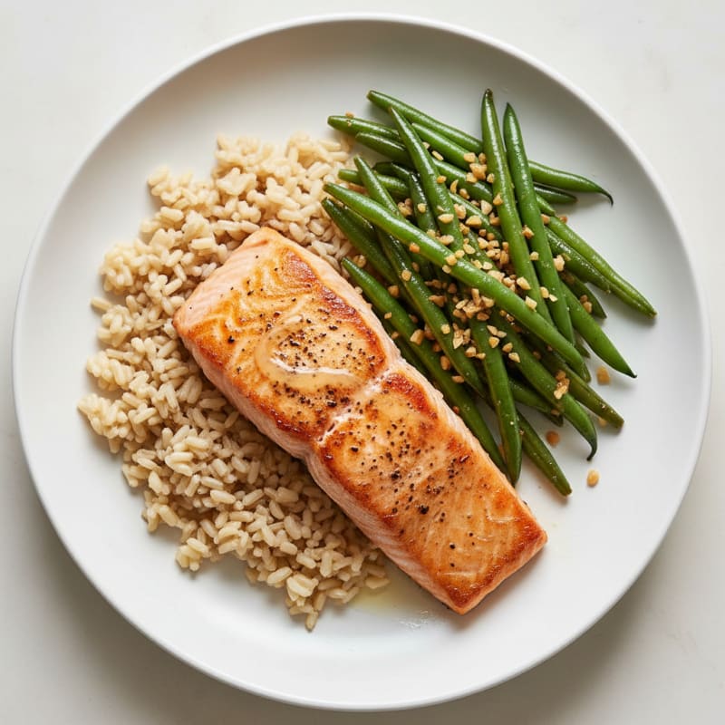 Seared Salmon with Garlic Green Beans and Brown Rice