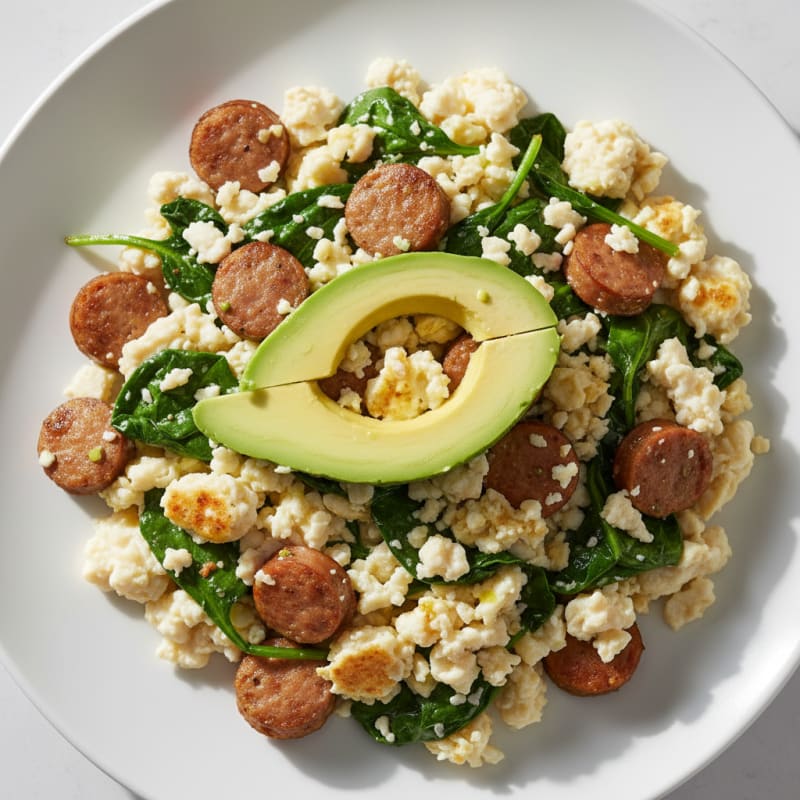 Egg White and Turkey Sausage Scramble with Sautéed Spinach