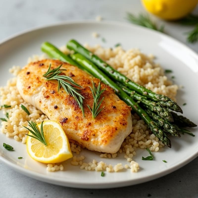 Lemon Herb Roasted Chicken with Fluffy Rice Pilaf and Crispy Roasted Asparagus