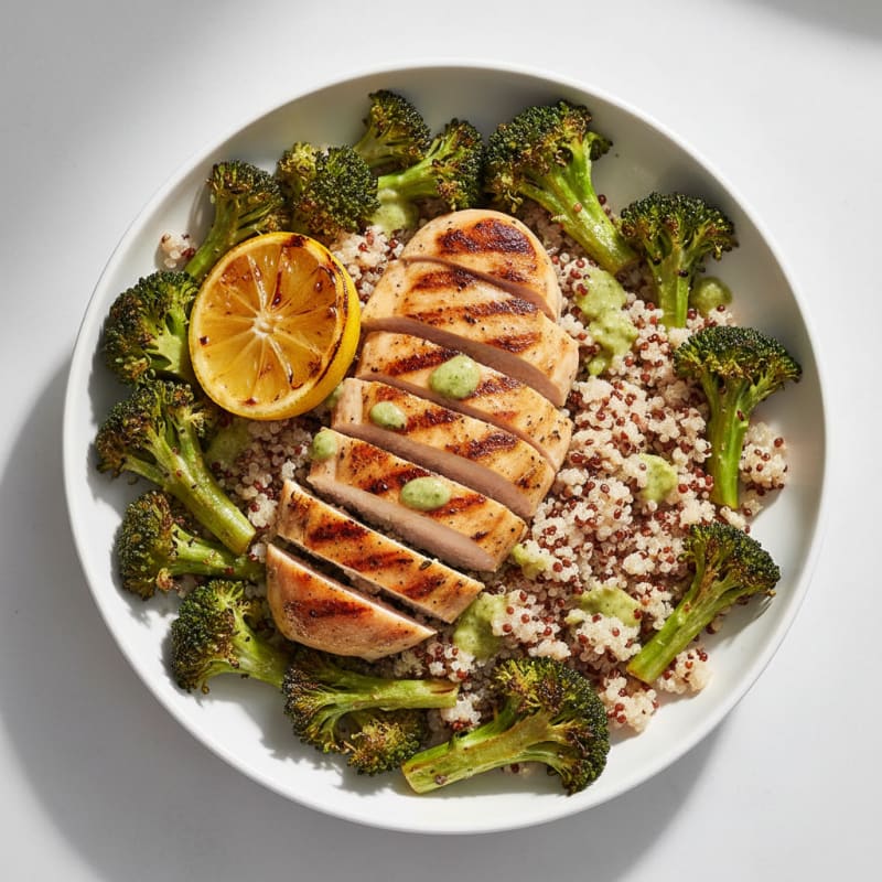 Grilled Chicken and Quinoa Bowl with Roasted Broccoli