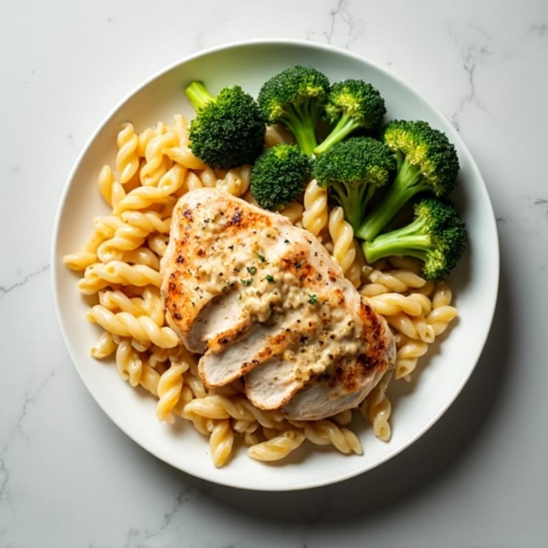 Creamy Cashew Alfredo Whole Wheat Pasta with Chicken and Roasted Broccoli
