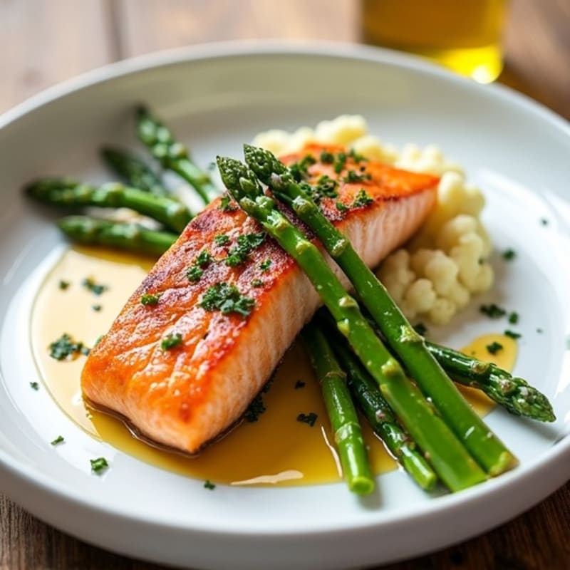 Seared Salmon with Roasted Asparagus and Garlic Cauliflower Mash