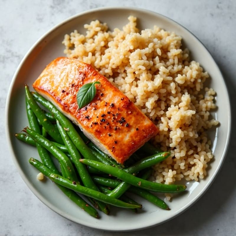 Seared Salmon with Garlic Green Beans and Brown Rice