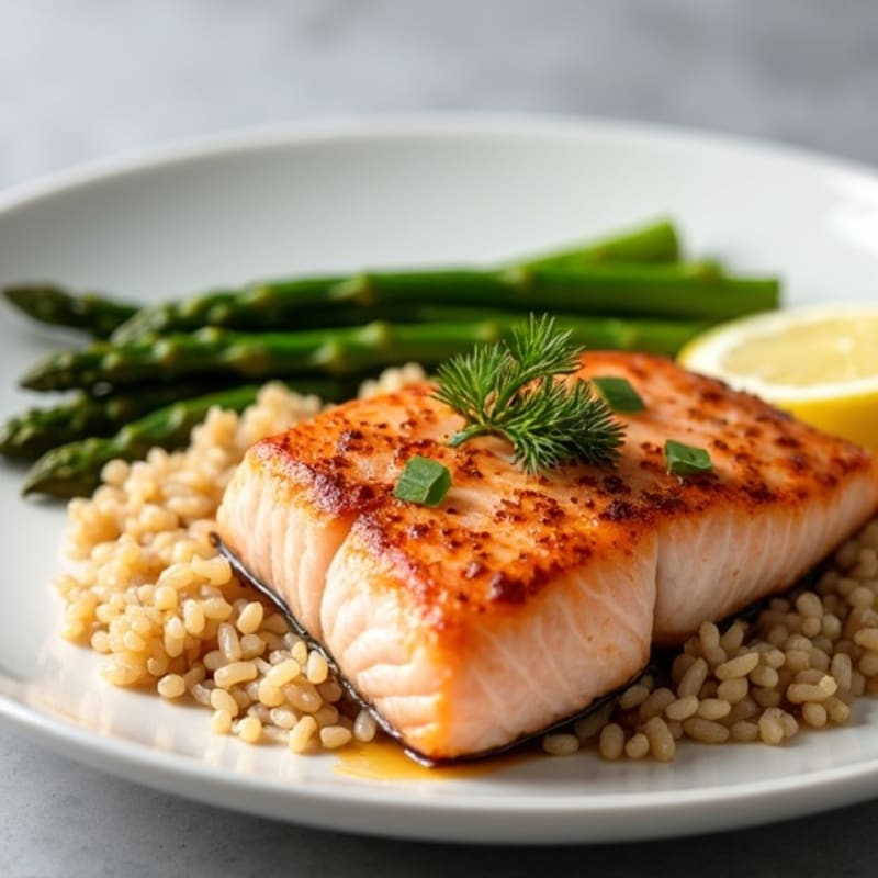 Seared Salmon with Steamed Asparagus and Brown Rice