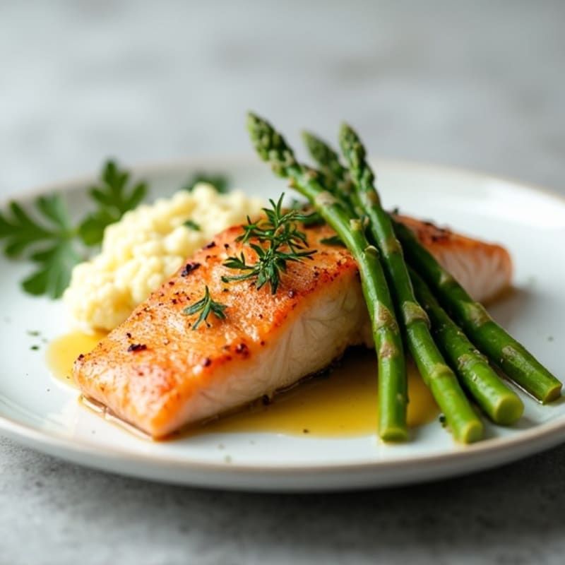 Seared Salmon with Steamed Asparagus and Cauliflower Mash