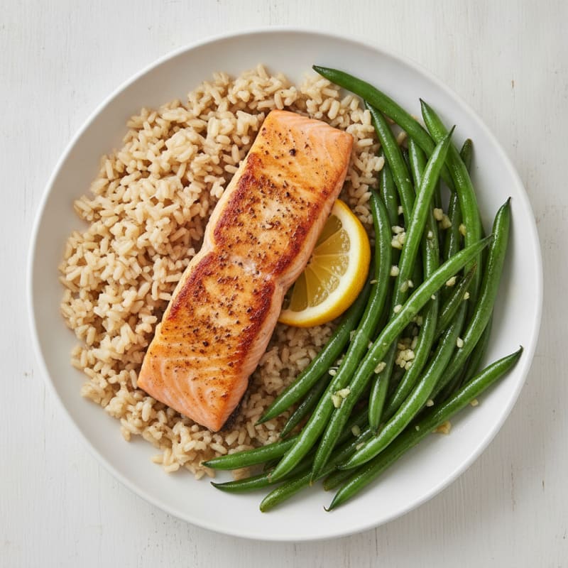 Seared Salmon with Garlic Green Beans and Brown Rice