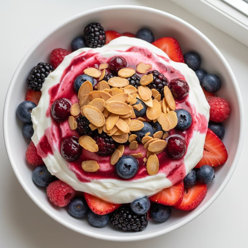 Greek Yogurt Protein Parfait with Mixed Berries and Almonds