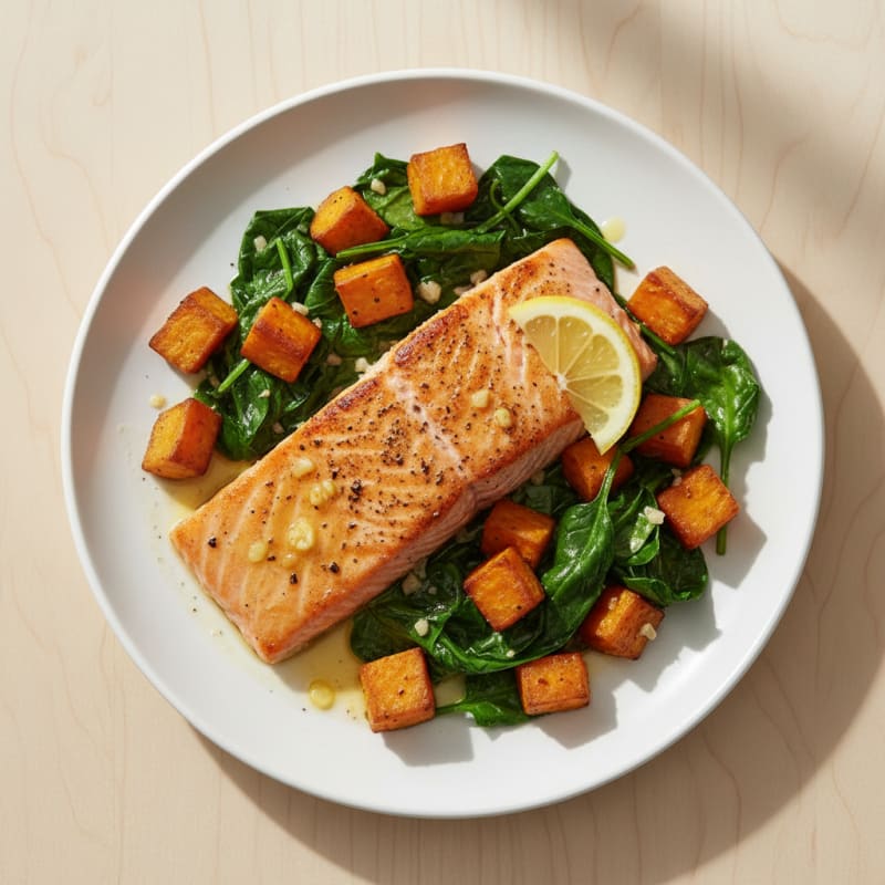 Seared Salmon Fillet with Roasted Sweet Potato and Sautéed Spinach