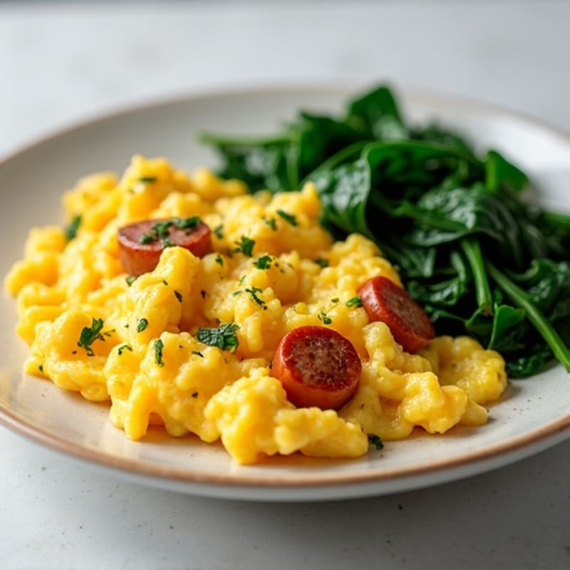 Scrambled Eggs with Turkey Sausage and Sautéed Spinach