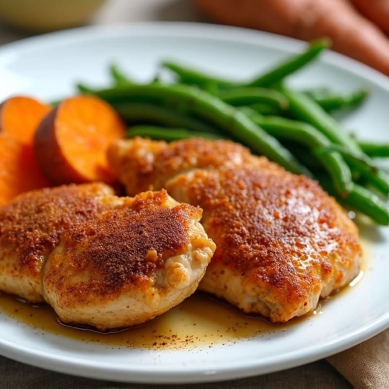 Crispy Cinnamon Chicken Thighs with Roasted Sweet Potatoes and Green Beans