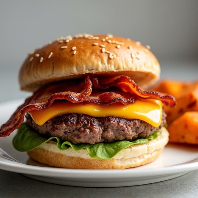 Lean Beef Burger with Crispy Bacon, Melted Cheddar, and Roasted Sweet Potatoes