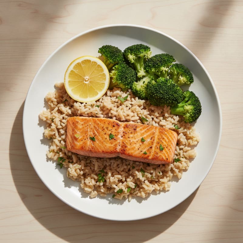 Seared Salmon with Steamed Broccoli and Herbed Brown Rice