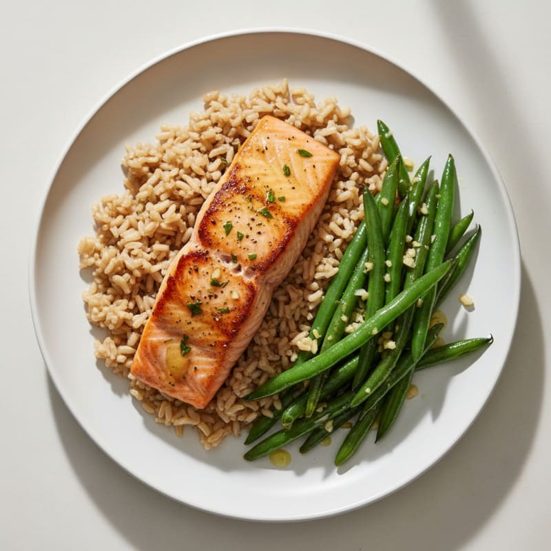 Seared Salmon with Garlic Green Beans and Brown Rice