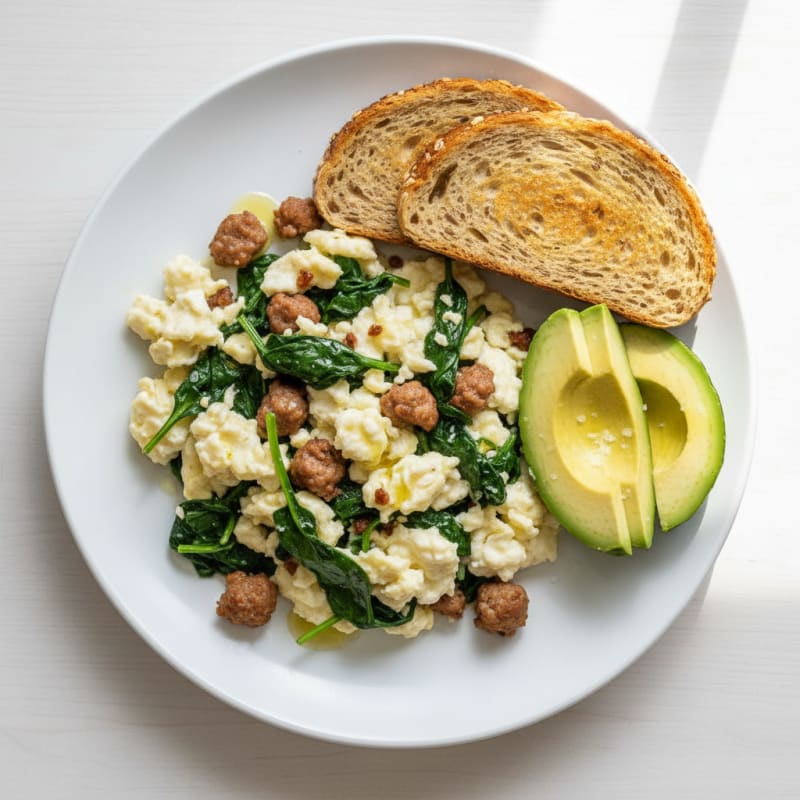 Egg White and Turkey Sausage Scramble with Sautéed Spinach