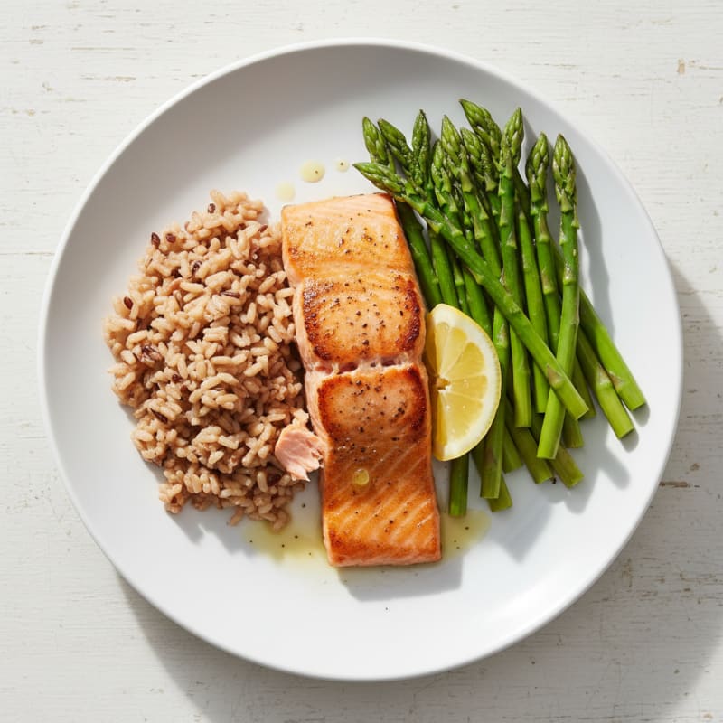 Seared Salmon Fillet with Steamed Asparagus and Brown Rice